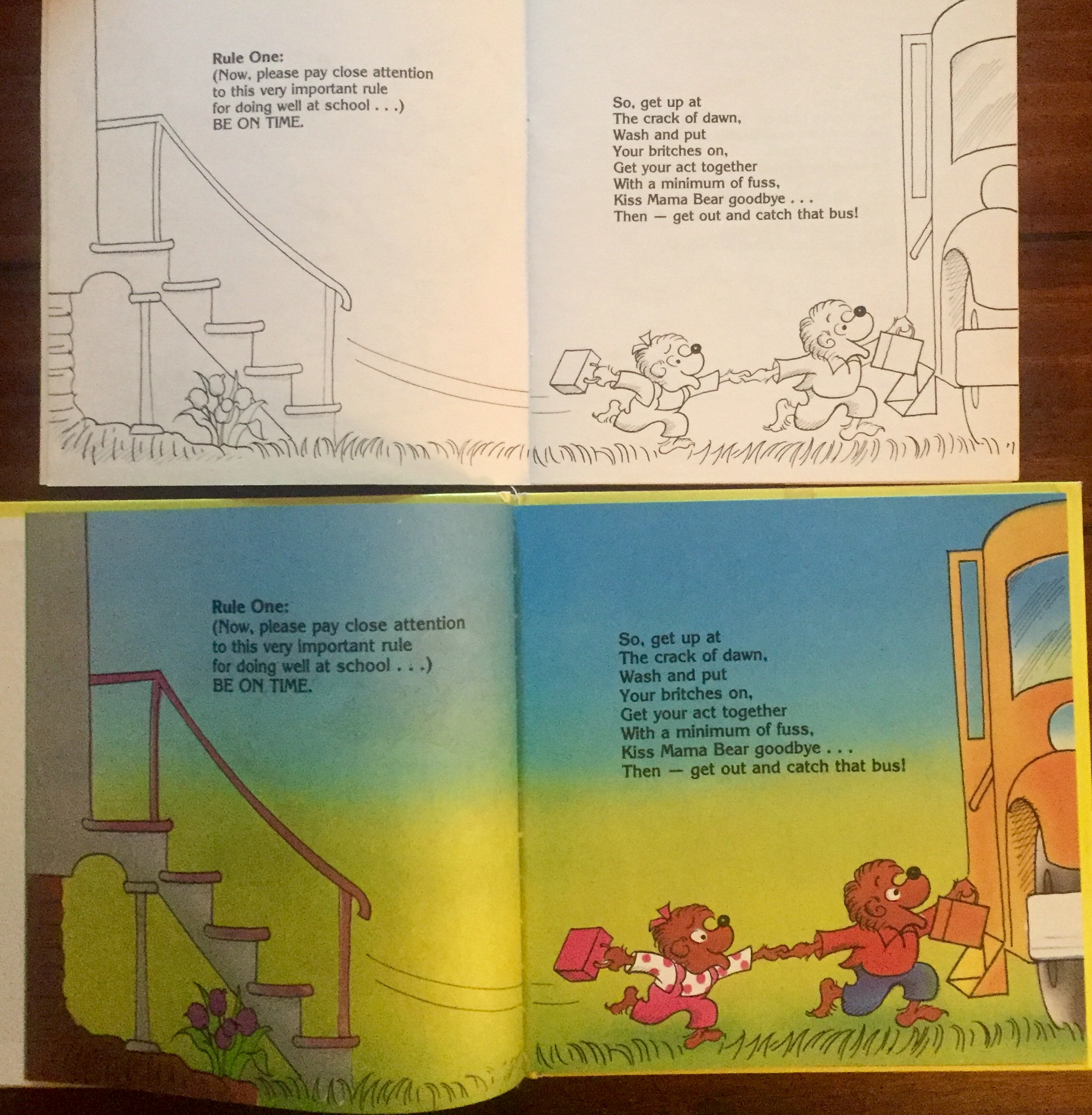 On top: The original line edition that your kid brother probably tried to color. On bottom: the later full color version.